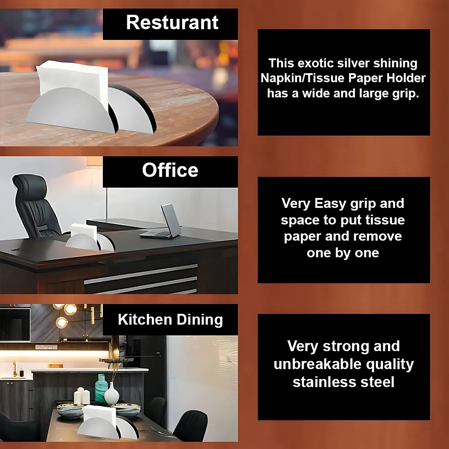 Stainless Steel Half-moon Shaped Tissue Paper Napkin Holder Stand (1 Pc) Stainless Steel Half-moon Shaped Tissue Paper Napkin Holder Stand (1 Pc)